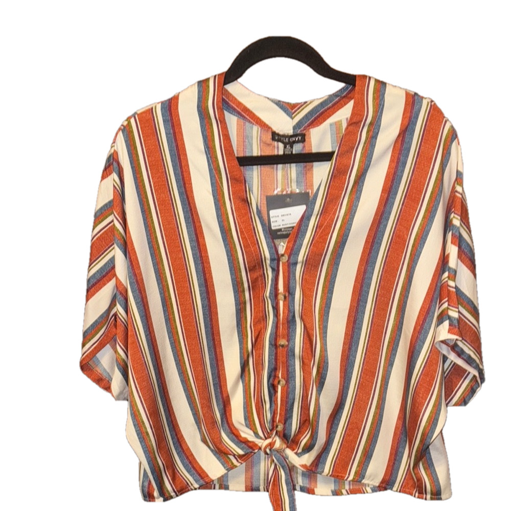 Style Envy Rust and Blue Button-Down Blouse with Tie Front NWT